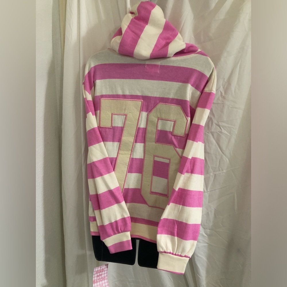 Pink white rugby striped colorblock‎ 76 embroidered hoodie size XS brand new